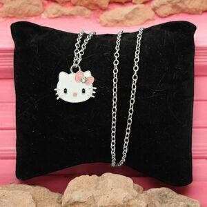 Hello Kitty White Cat Face Necklace Pink Bow Charm Pendant Silver Chain New